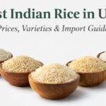 Best Indian rice in UK varieties including 1121, 1718 and Pusa basmati displayed in wooden bowls on white background