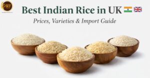 Best Indian rice in UK varieties including 1121, 1718 and Pusa basmati displayed in wooden bowls on white background