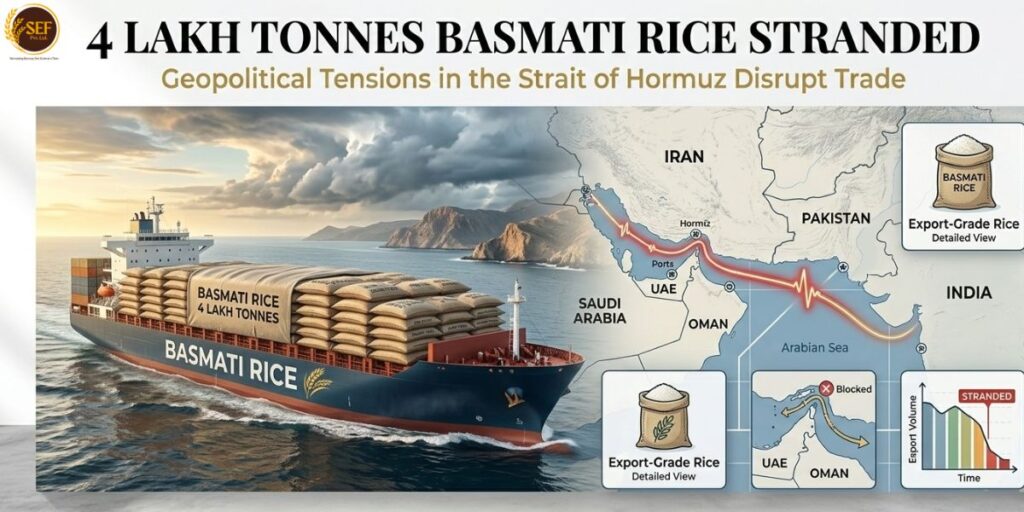 Cargo ship carrying basmati rice shipments stranded amid Middle East conflict affecting Indian rice exports.