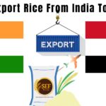 Export rice from India to Yemen guide showing basmati rice bowl with India and Yemen flags and cargo shipping concept.