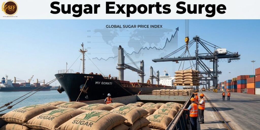 Indian sugar export cargo loading at port amid rising global prices.