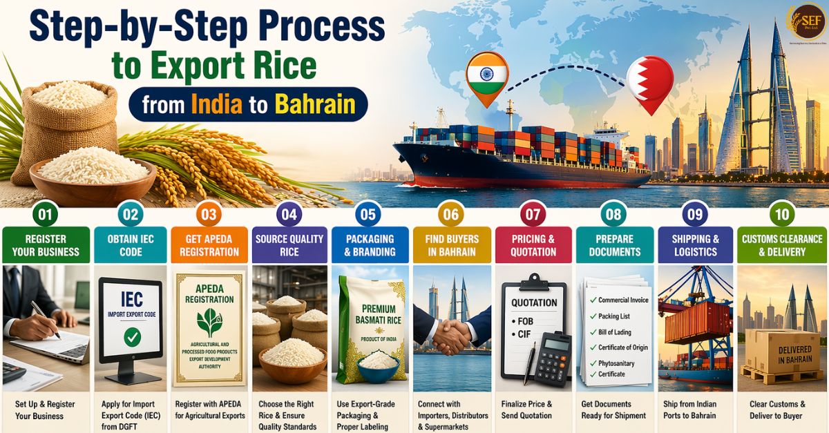 Step-by-step rice export process from India to Bahrain showing farming, packaging, documentation, and shipping